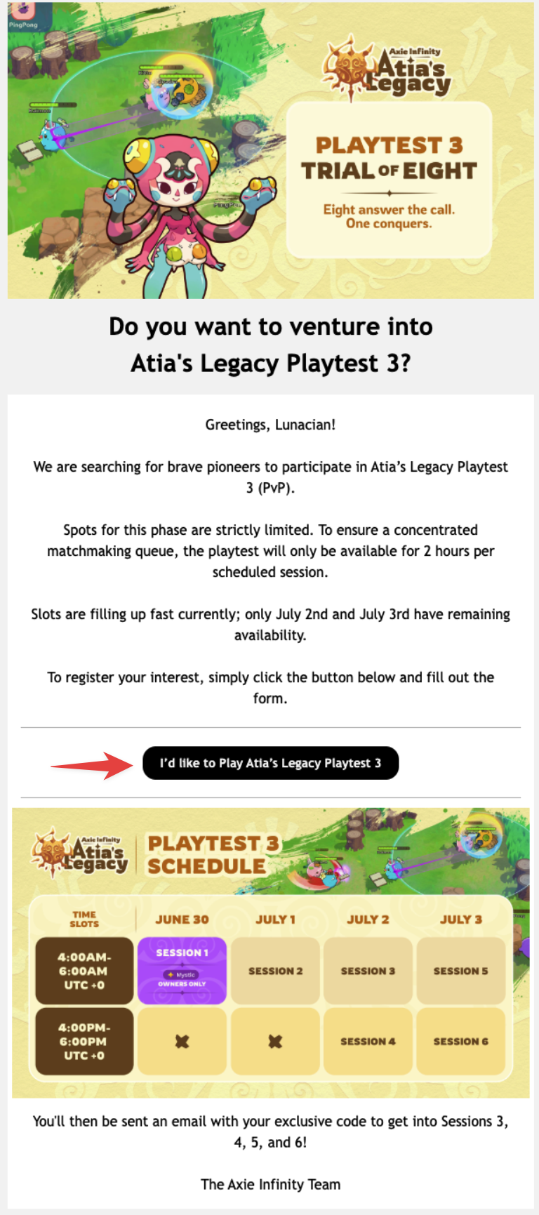 Email with I'd like to Play Atia's Legacy Playtest 3 button
